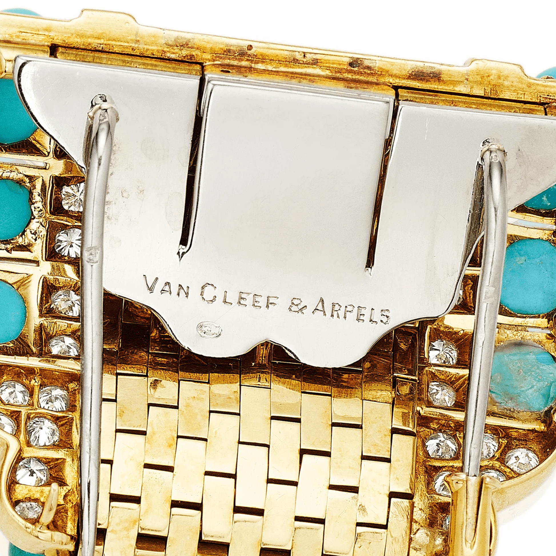 Van Cleef & Arpels French 1940s 18KT Yellow Gold Turquoise & Diamond Clips signature
