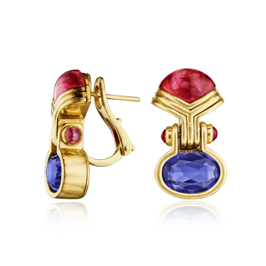 Bulgari Italy 1980s 18KT Yellow Gold Tourmaline, Iolite & Ruby Earrings front & side
