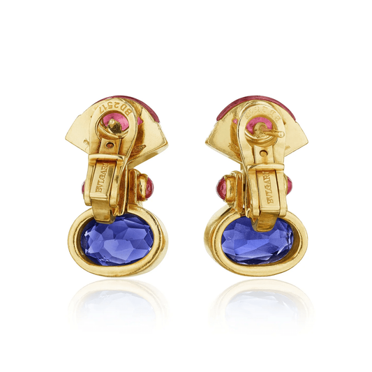 Bulgari Italy 1980s 18KT Yellow Gold Tourmaline, Iolite & Ruby Earrings back