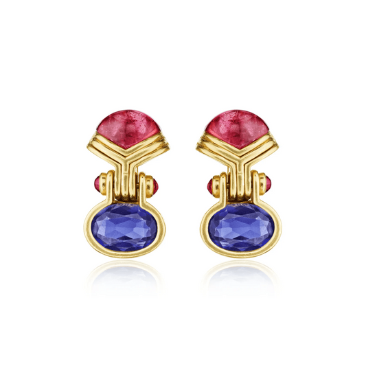 Bulgari Italy 1980s 18KT Yellow Gold Tourmaline, Iolite & Ruby Earrings front