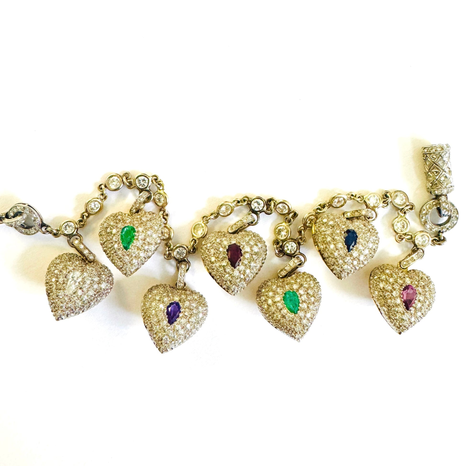 1970s Platinum & 18KT Yellow Gold Multigem Acrostic Heart Locket Bracelet front
