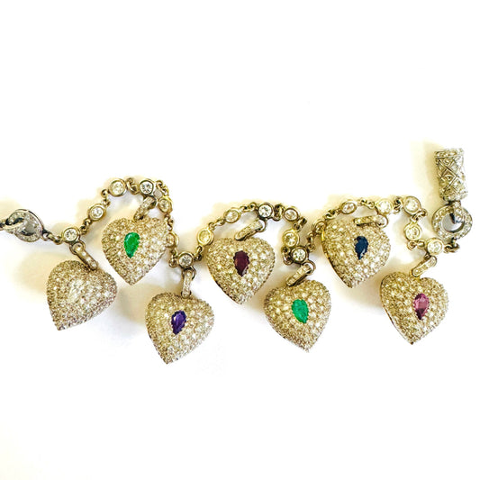 1970s Platinum & 18KT Yellow Gold Multigem Acrostic Heart Locket Bracelet front
