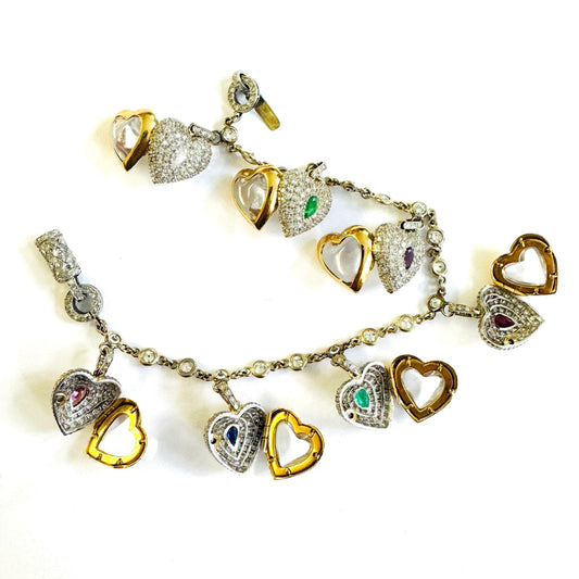 1970s Platinum & 18KT Yellow Gold Multigem Acrostic Heart Locket Bracelet details