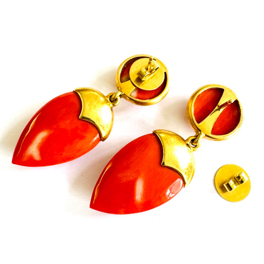 Post-1980s 18KT Yellow Gold Coral Earrings front and back