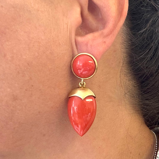 Post-1980s 18KT Yellow Gold Coral Earrings on ear