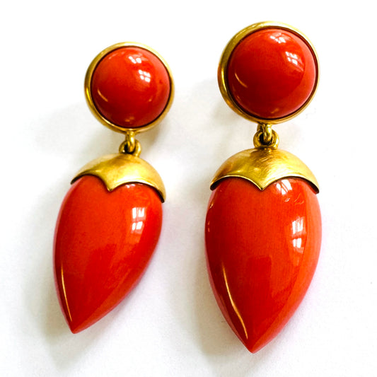 Post-1980s 18KT Yellow Gold Coral Earrings front