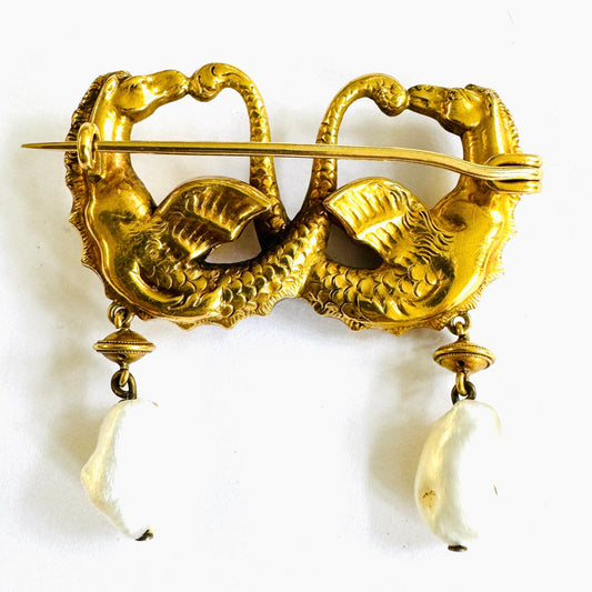 Art Nouveau 14KT Yellow Gold Natural Pearl Hippocampi Brooch back