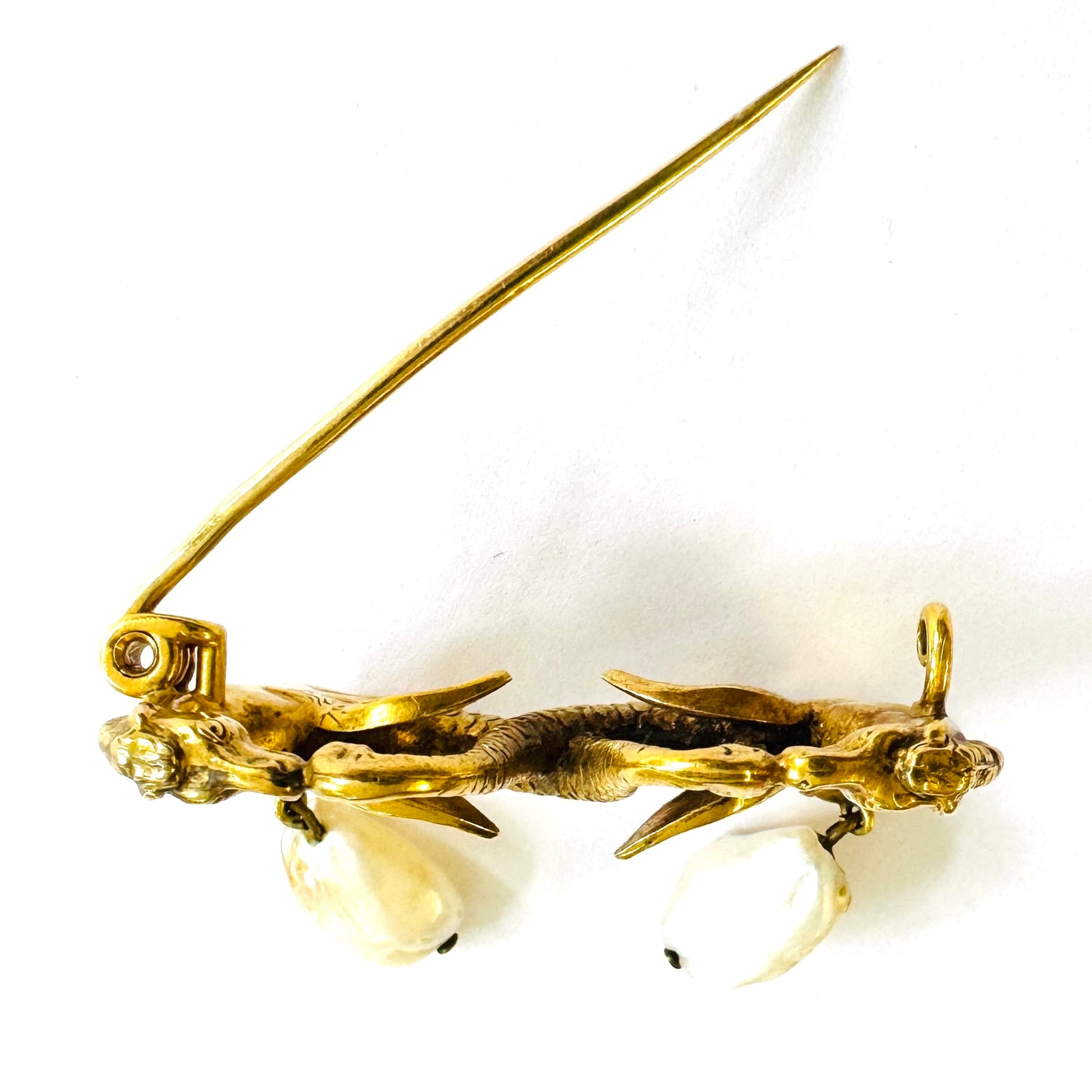 Art Nouveau 14KT Yellow Gold Natural Pearl Hippocampi Brooch top