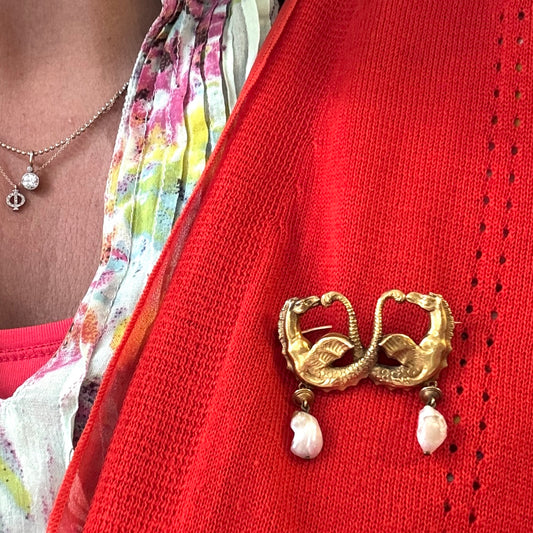 Art Nouveau 14KT Yellow Gold Natural Pearl Hippocampi Brooch on blouse