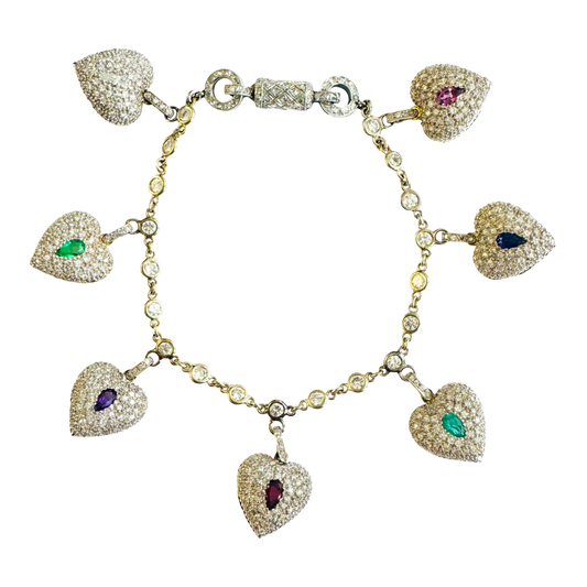1970s Platinum & 18KT Yellow Gold Multigem Acrostic Heart Locket Bracelet front