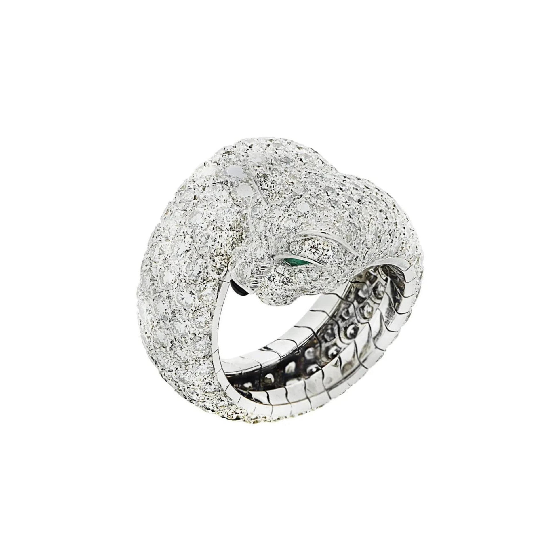 Cartier 1980s 18KT White Gold Diamond & Emerald Panther Ring front