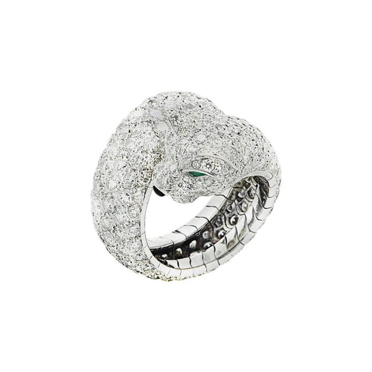 Cartier 1980s 18KT White Gold Diamond & Emerald Panther Ring front