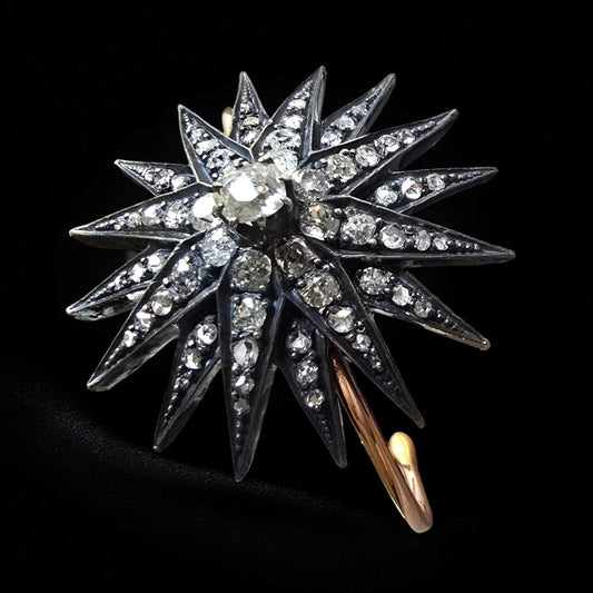 Victorian Silver & 18KT Rose & Yellow Gold Diamond Starburst Bangle Bracelet side view