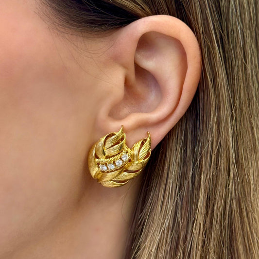 David Webb 1970s 18KT Yellow Gold Diamond Earrings on ear