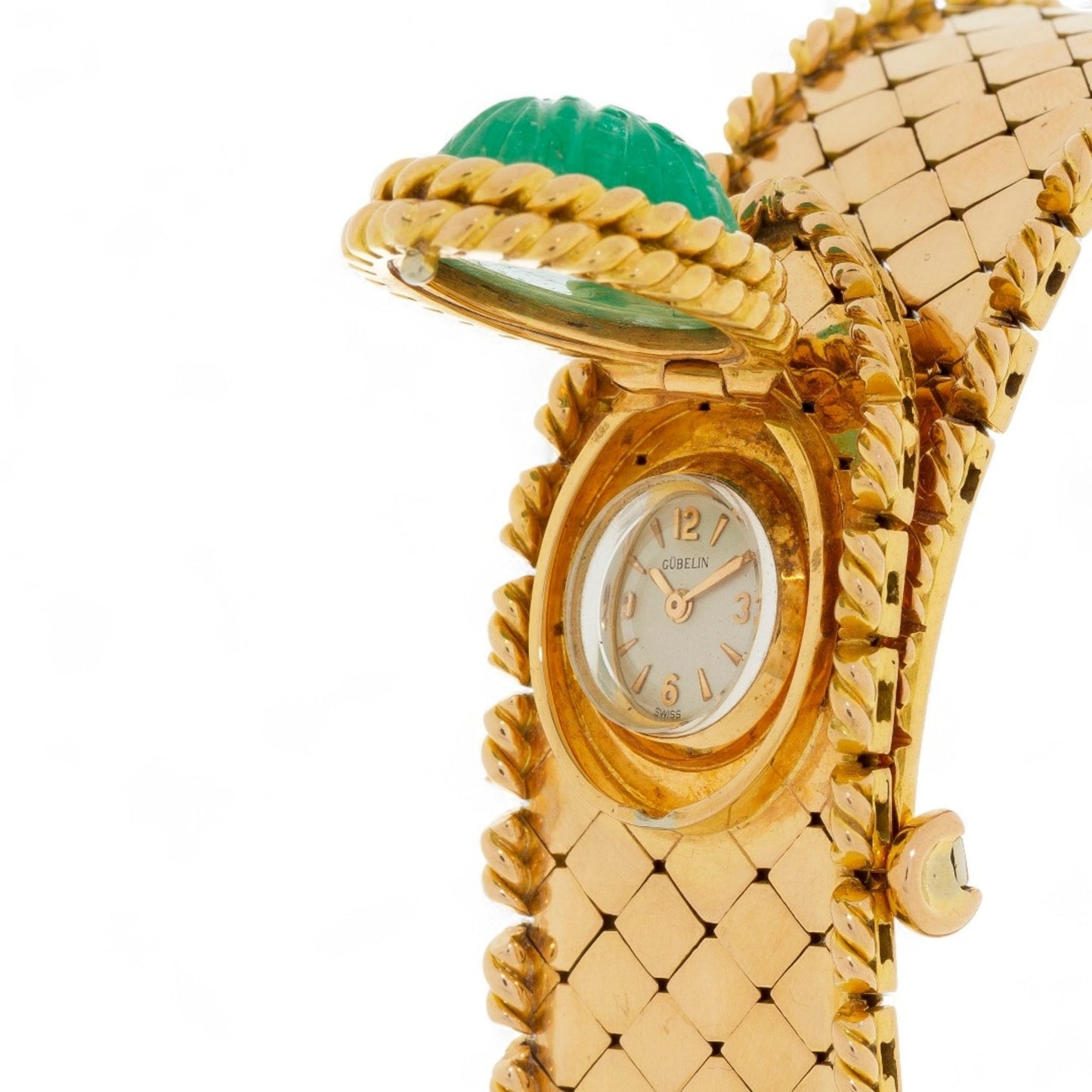 Gübelin 1960s 18KT Yellow Gold Emerald Watch Bracelet watch face