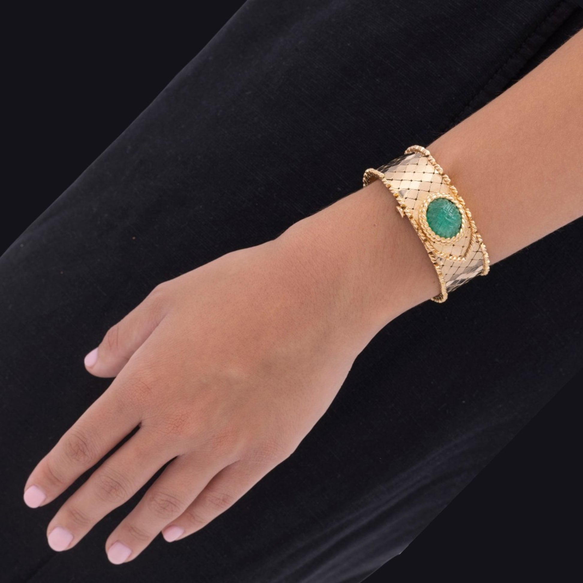 Gübelin 1960s 18KT Yellow Gold Emerald Watch Bracelet on wrist