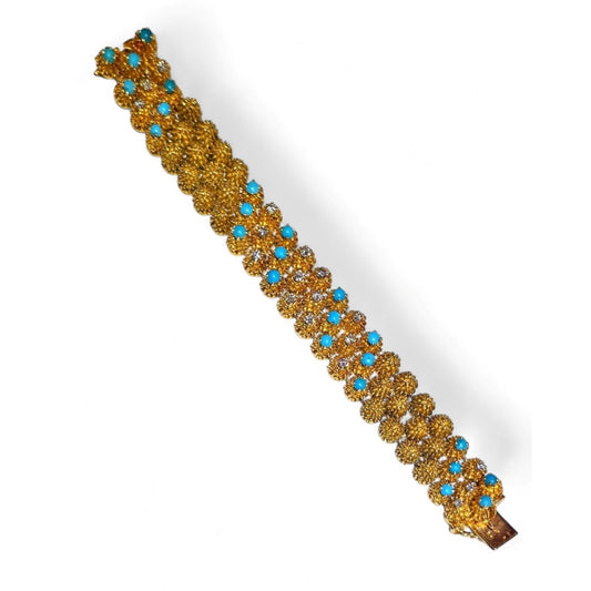 French 1960s 18KT Yellow Gold Diamond & Turquoise Bracelet front