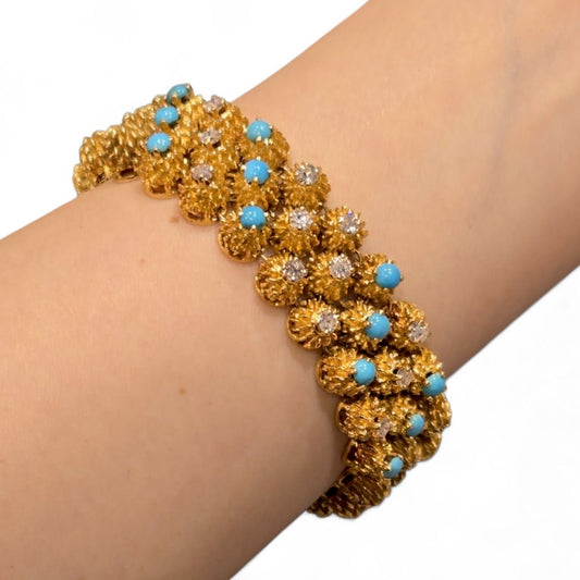 French 1960s 18KT Yellow Gold Diamond & Turquoise Bracelet on wrist