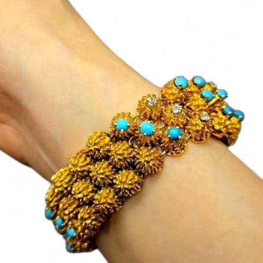 French 1960s 18KT Yellow Gold Diamond & Turquoise Bracelet on wrist