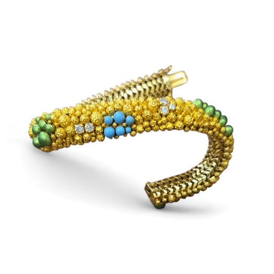 Faraone Italian 1970s 18KT Yellow Gold Diamond & Enamel Bracelet front