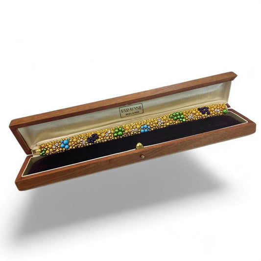 Faraone Italian 1970s 18KT Yellow Gold Diamond & Enamel Bracelet in box