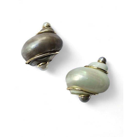 Seaman Schepps 1980s 18KT Yellow Gold Shell & Cultured Pearl Earrings front