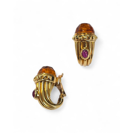 Bulgari 1980s 18KT Yellow Gold Citrine & Ruby Earrings front and side