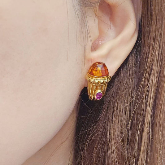 Bulgari 1980s 18KT Yellow Gold Citrine & Ruby Earrings on ear