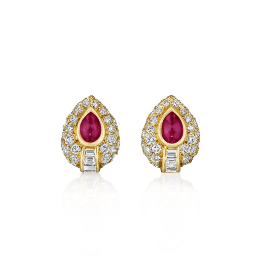 Cartier Paris 1980s 18KT Yellow Gold Ruby & Diamond Earrings front