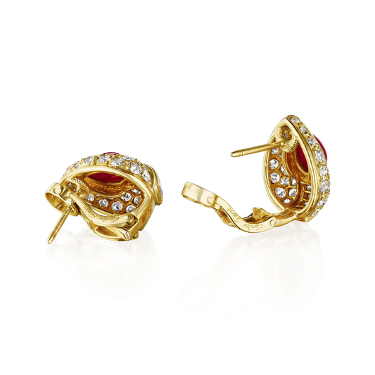 Cartier Paris 1980s 18KT Yellow Gold Ruby & Diamond Earrings side and back