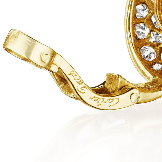 Cartier Paris 1980s 18KT Yellow Gold Ruby & Diamond Earrings signature