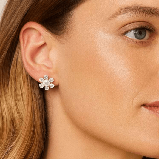 1980s 18KT White Gold Diamond Earrings on ear