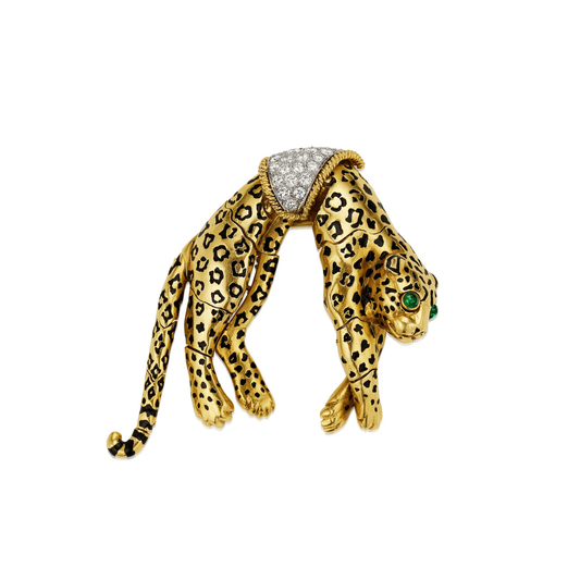 David Webb 1960s Platinum & 18KT Yellow Gold Diamond, Emerald & Enamel Leopard Brooch front