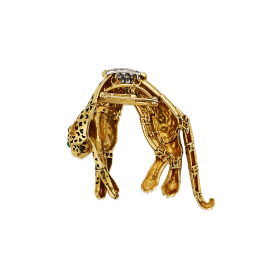David Webb 1960s Platinum & 18KT Yellow Gold Diamond, Emerald & Enamel Leopard Brooch back