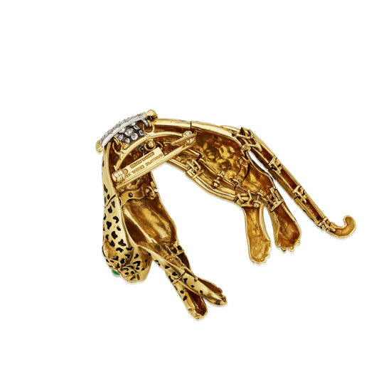 David Webb 1960s Platinum & 18KT Yellow Gold Diamond, Emerald & Enamel Leopard Brooch back