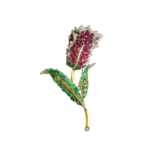 1930s 18KT Yellow Gold Diamond, Emerald & Ruby Tulip Brooch front