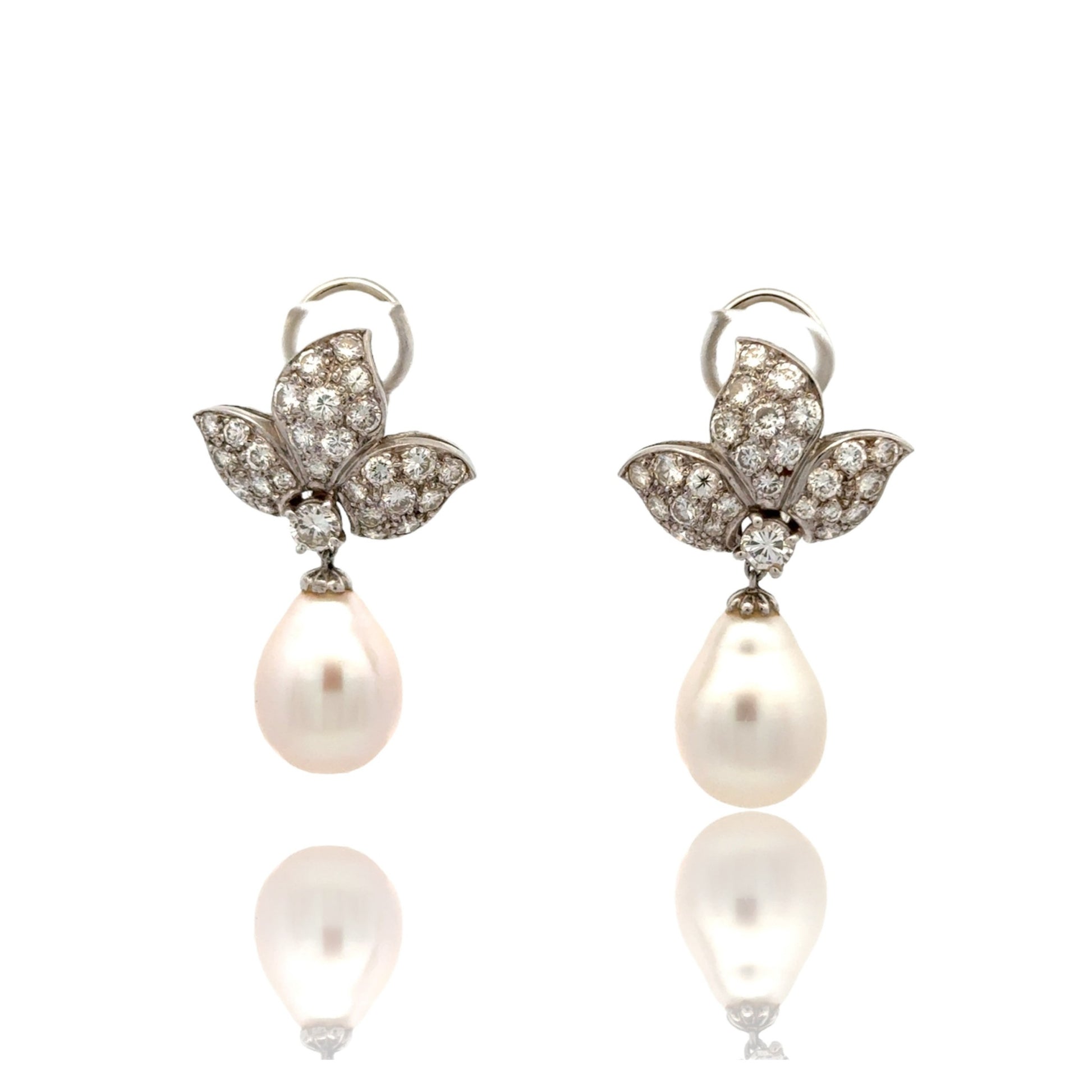 1950s Platinum Cultured Pearl & Diamond Earrings front