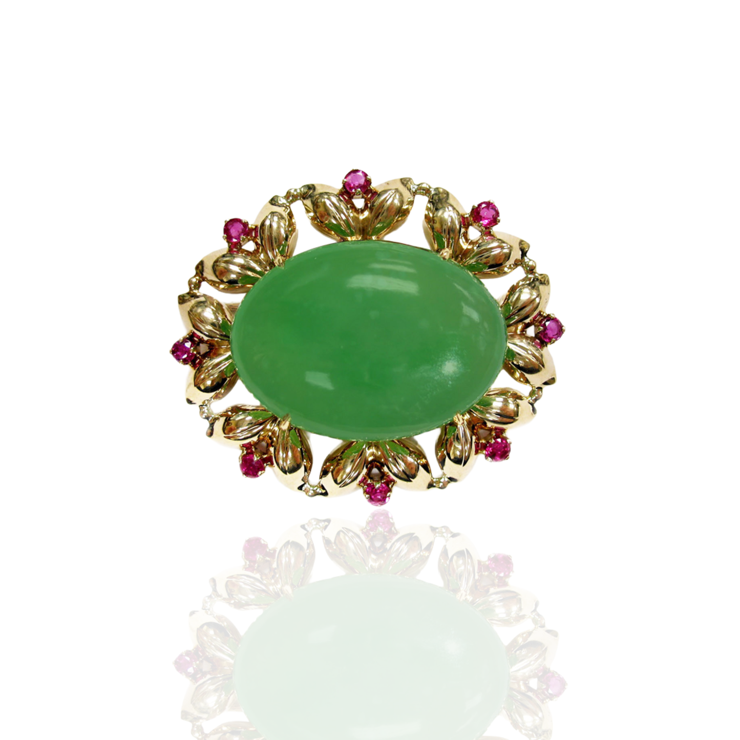 Tiffany & Co. 1940s 14KT Yellow Gold Jade & Ruby Brooch front view