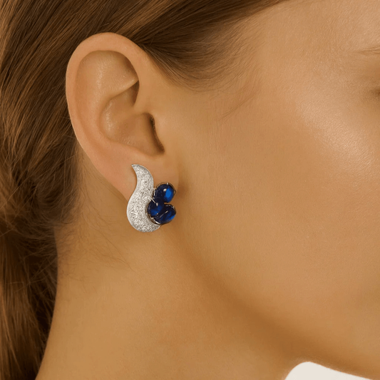 Aletto Bros 1980s Platinum Sapphire & Diamond Earrings on ear