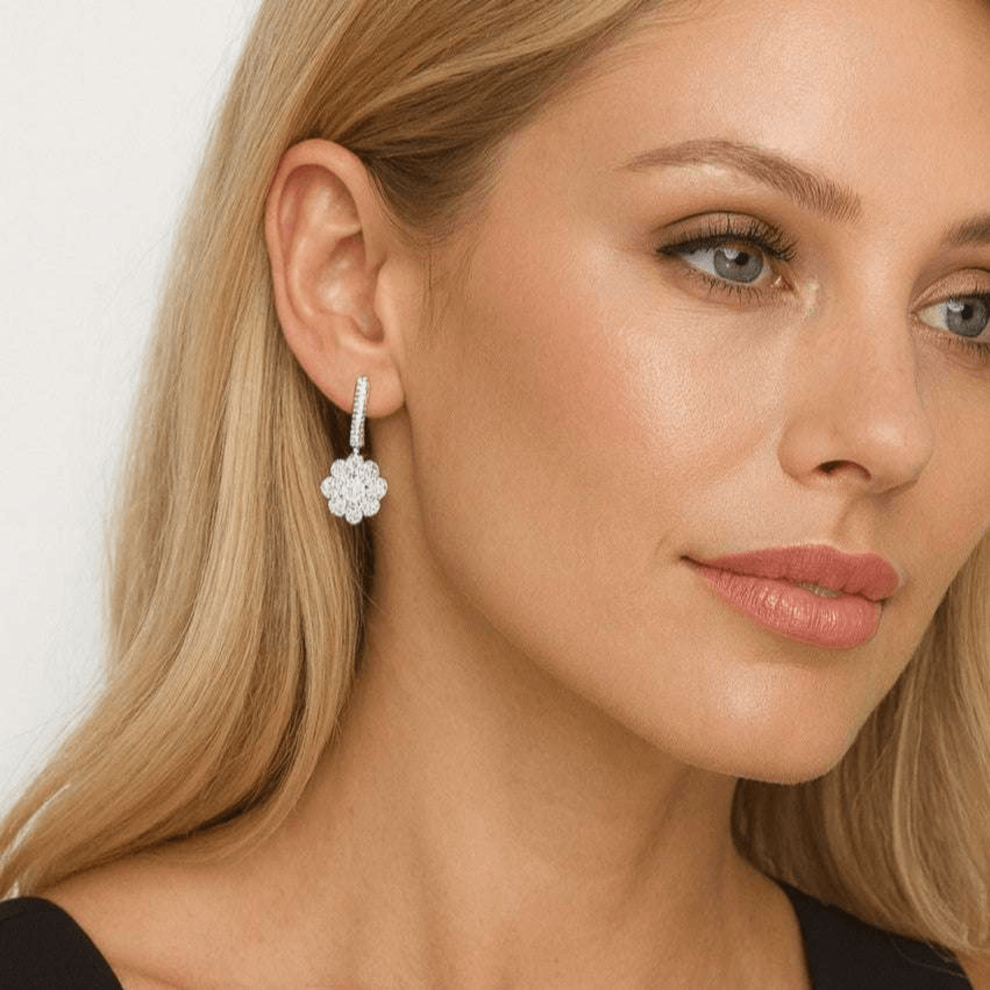 Post-1980s 18KT White Gold Diamond Earrings on ear