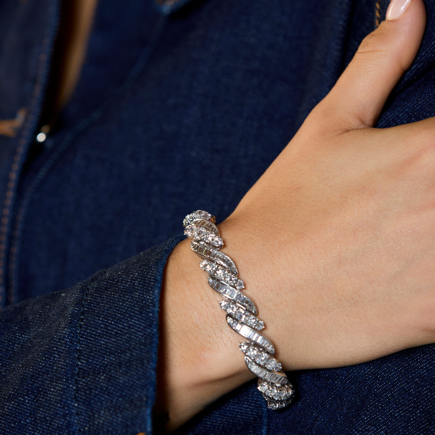 Retro 18KT White Gold Diamond Bracelet on wrist
