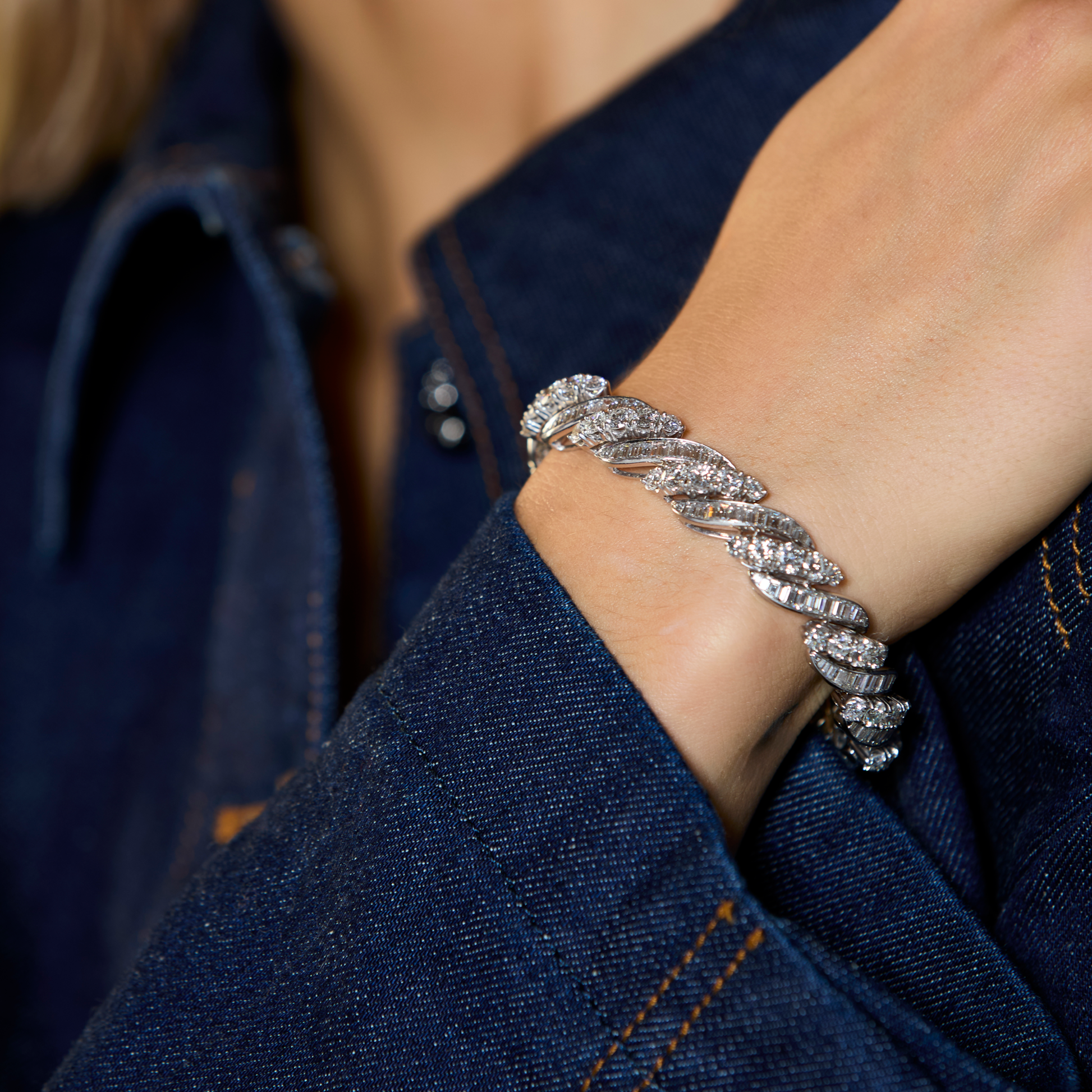 Retro 18KT White Gold Diamond Bracelet on wrist