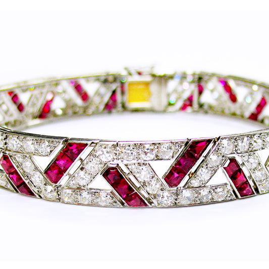 French Art Deco Platinum Ruby & Diamond Bracelet close-up details