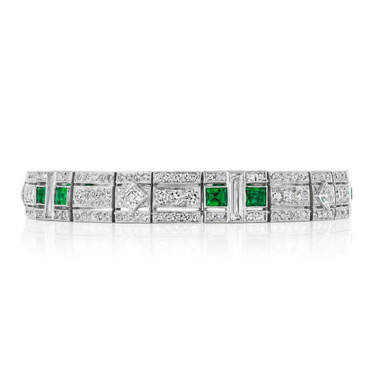 Tiffany & Co. Art Deco Platinum & 18KT Yellow Gold Diamond & Emerald Bracelet front