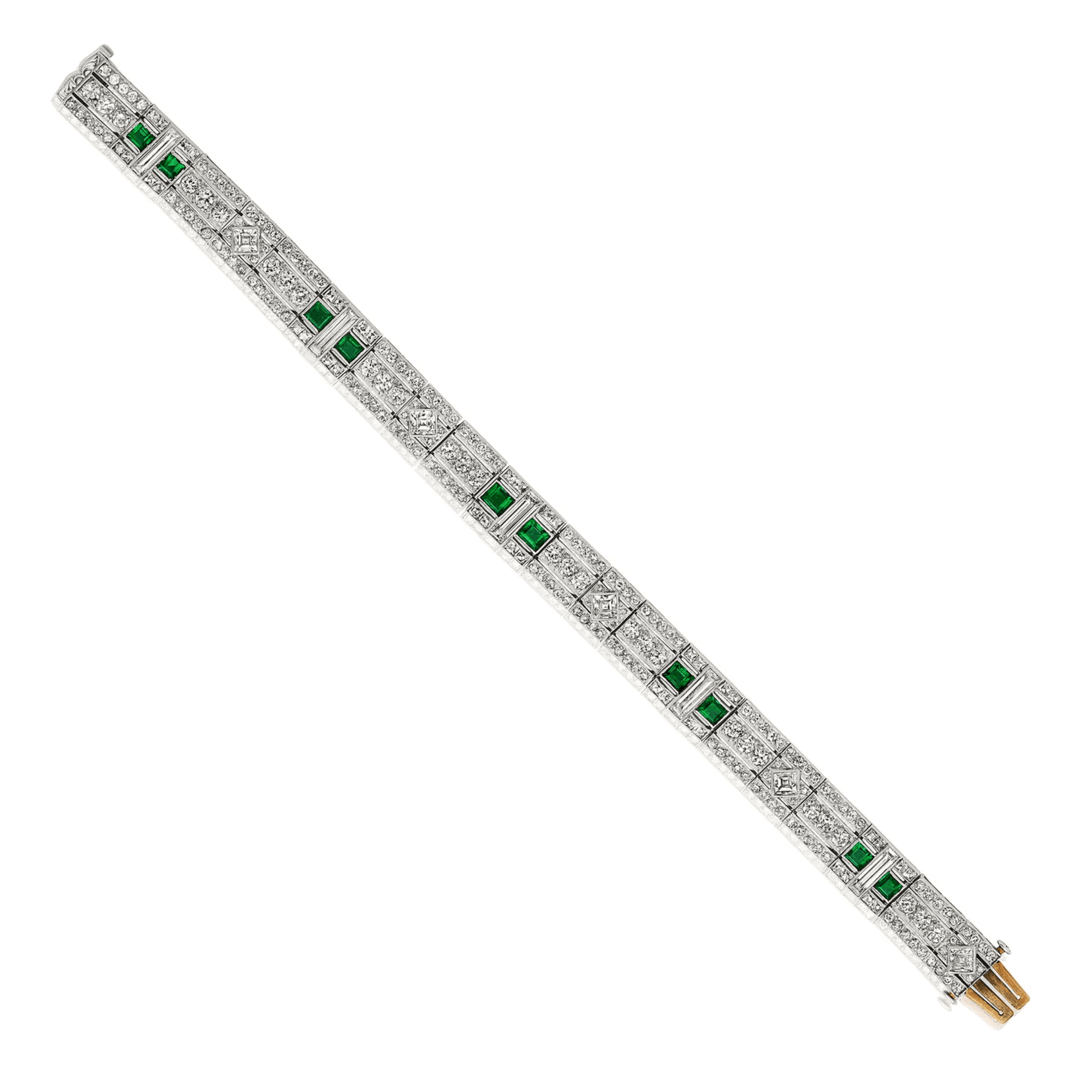 Tiffany & Co. Art Deco Platinum & 18KT Yellow Gold Diamond & Emerald Bracelet front