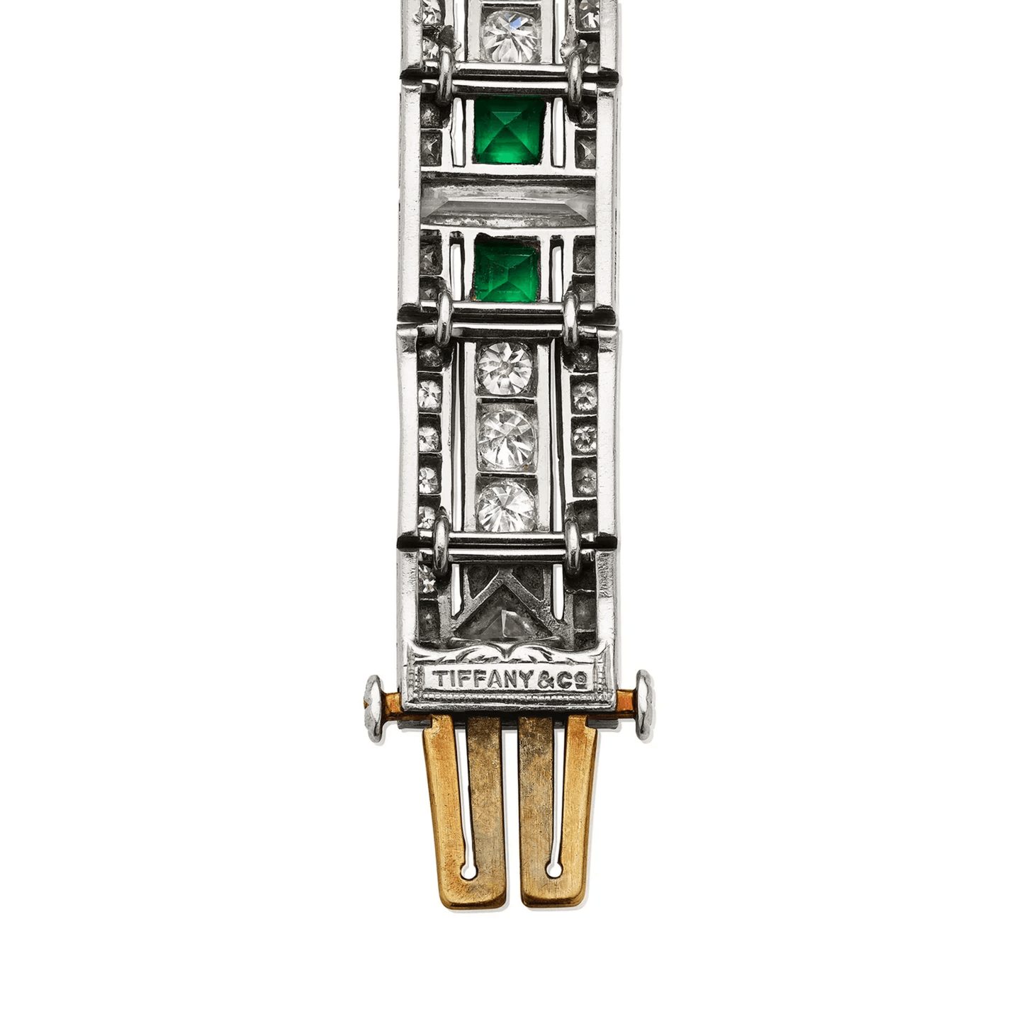Tiffany & Co. Art Deco Platinum & 18KT Yellow Gold Diamond & Emerald Bracelet signature