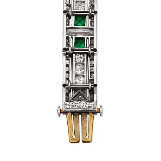 Tiffany & Co. Art Deco Platinum & 18KT Yellow Gold Diamond & Emerald Bracelet signature
