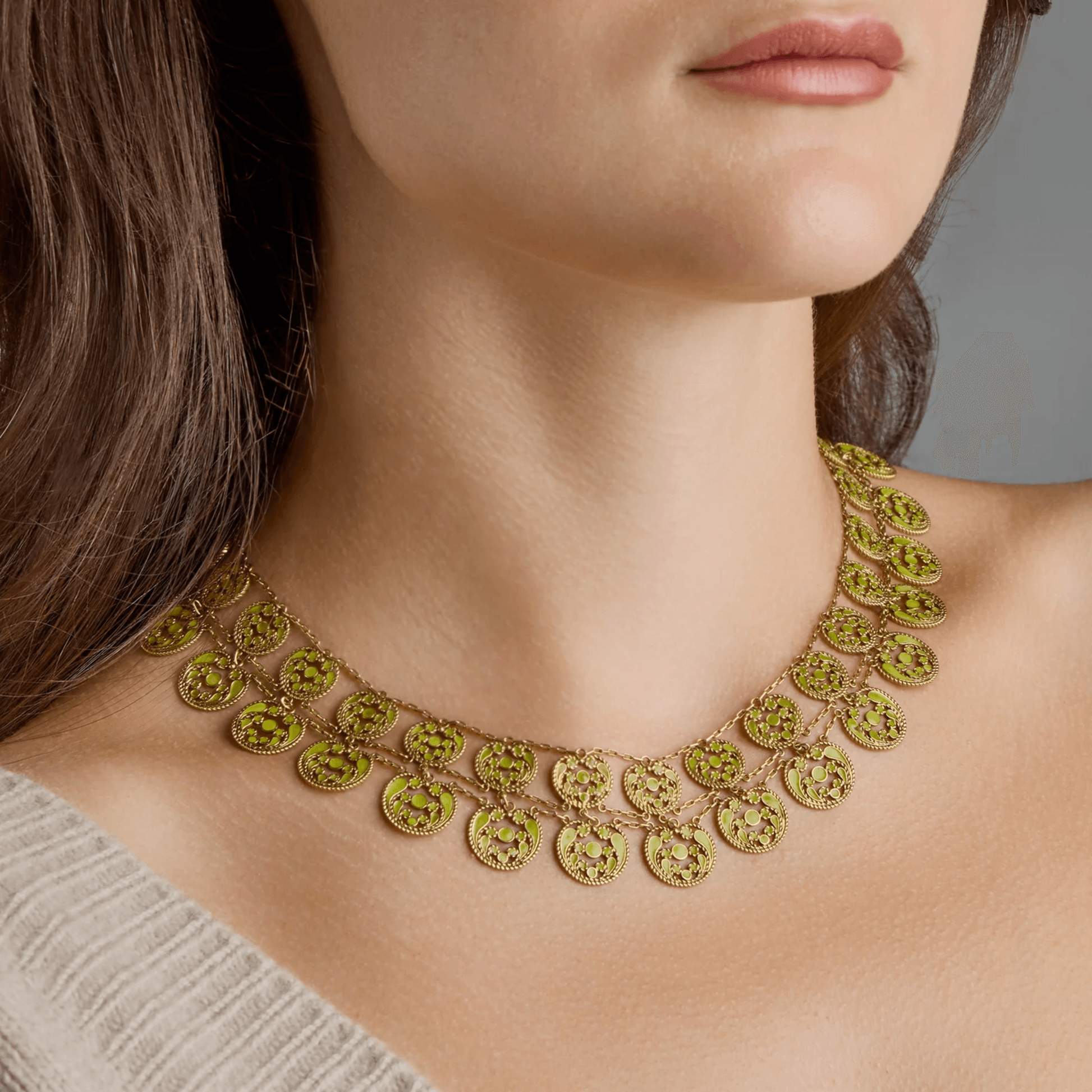 Tiffany & Co. Edwardian 18KT Yellow Gold Enamel Necklace on neck