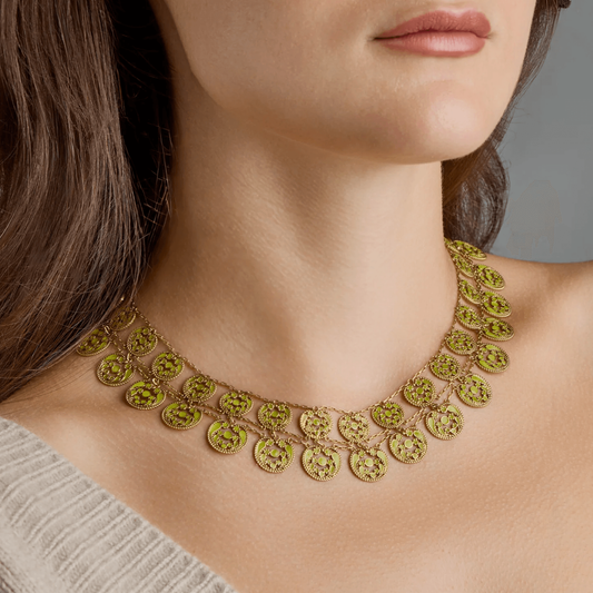 Tiffany & Co. Edwardian 18KT Yellow Gold Enamel Necklace on neck