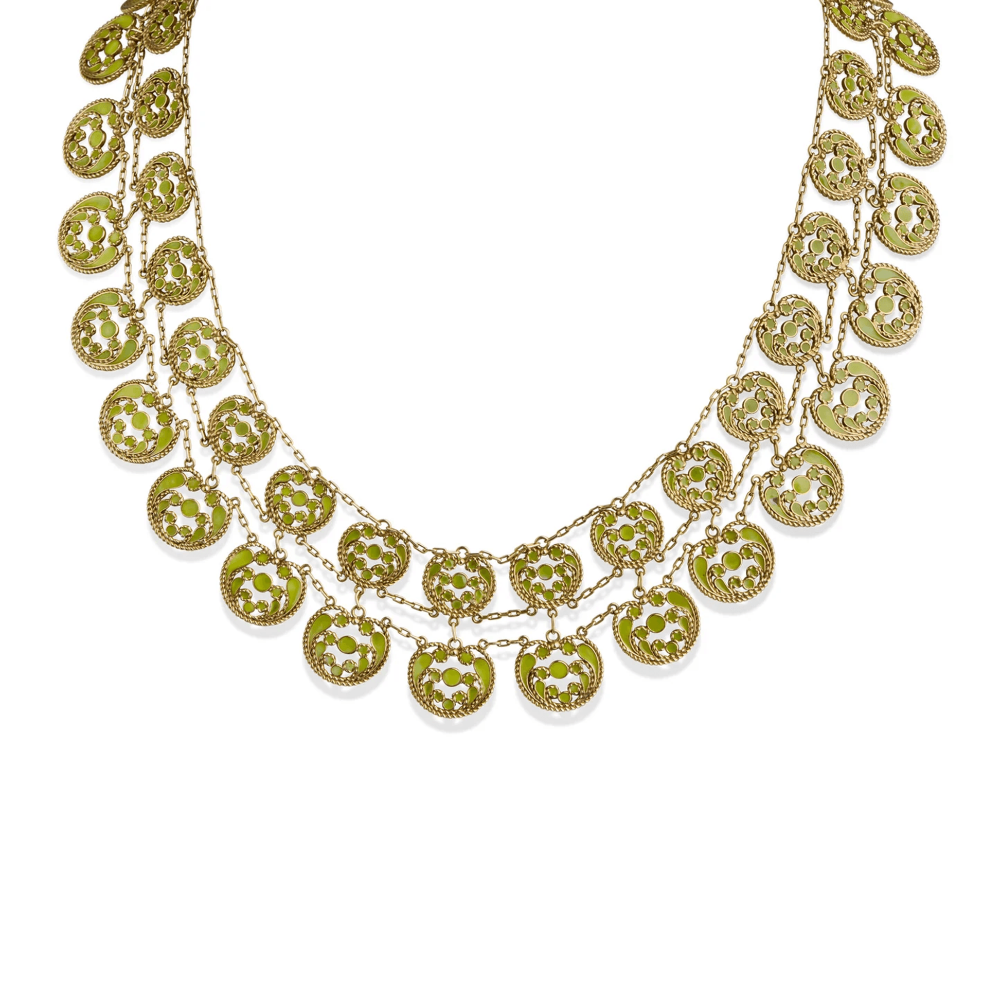 Tiffany & Co. Edwardian 18KT Yellow Gold Enamel Necklace close-up details